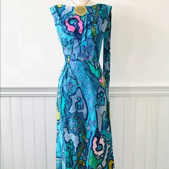 Vintage VTG 60s 1960s PSYCHEDELIC BATIK Blue Dream Festival Maxi Dress Xs - Picture 1 of 6